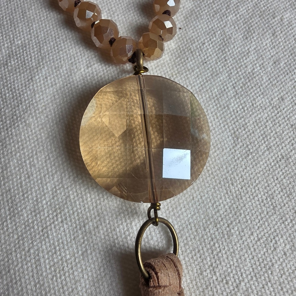 Tan Glass Bead Long Faux Suede Tassel Necklace Boho Neutral 43in - Picture 3 of 5